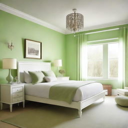 A bedroom with a white and light green color scheme