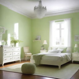 A bedroom with a white and light green color scheme