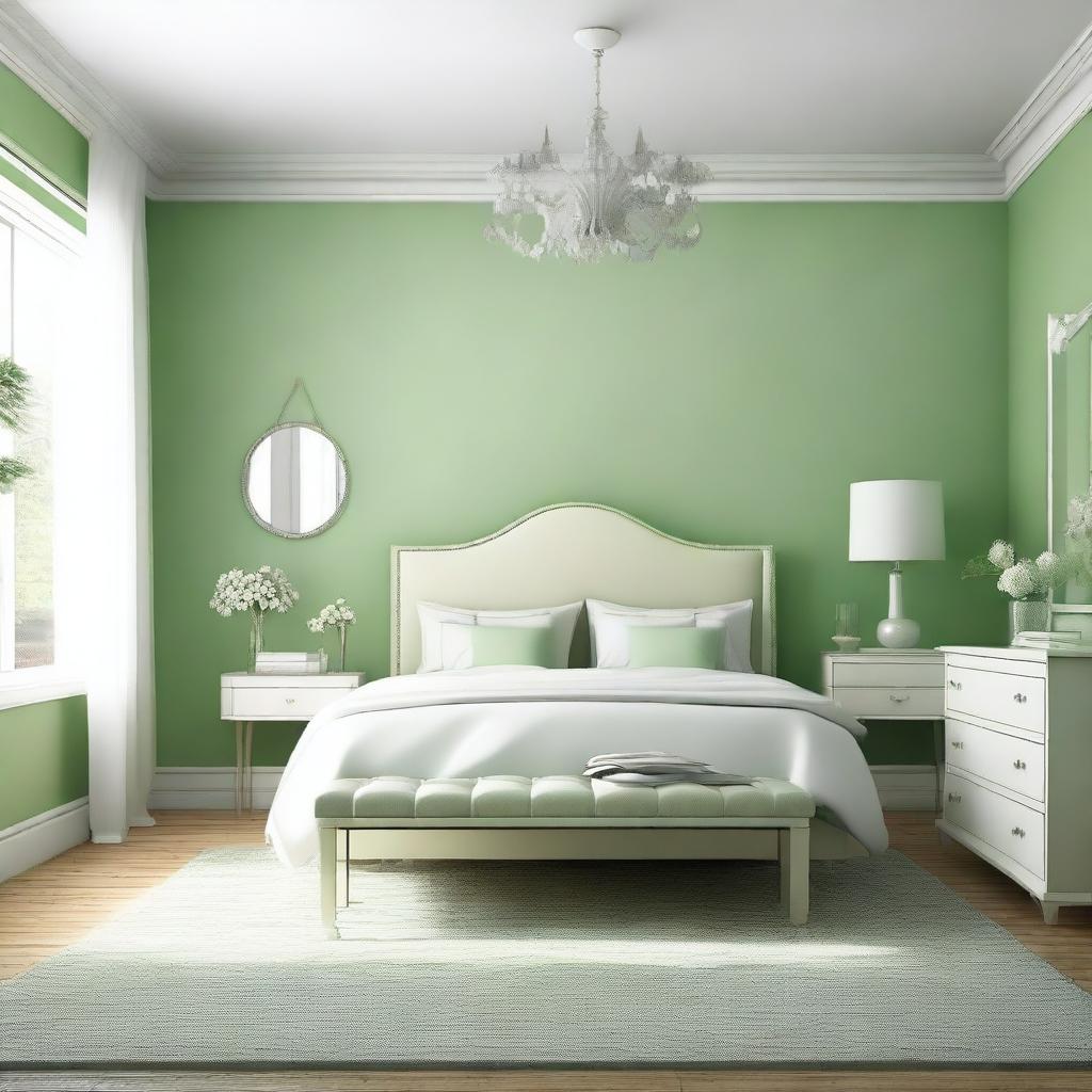 A bedroom with a white and light green color scheme