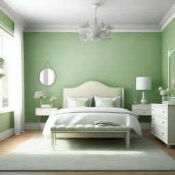 A bedroom with a white and light green color scheme