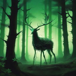 A bizarre forest creature with elongated limbs and antlers stalks through a dark forest, illuminated by a mystical green light