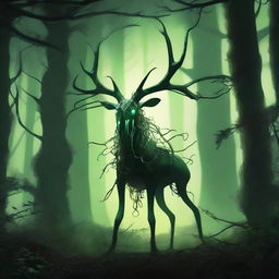 A bizarre forest creature with elongated limbs and antlers stalks through a dark forest, illuminated by a mystical green light