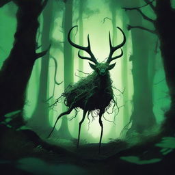 A bizarre forest creature with elongated limbs and antlers stalks through a dark forest, illuminated by a mystical green light