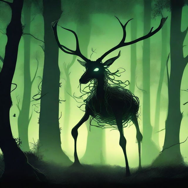 A bizarre forest creature with elongated limbs and antlers stalks through a dark forest, illuminated by a mystical green light