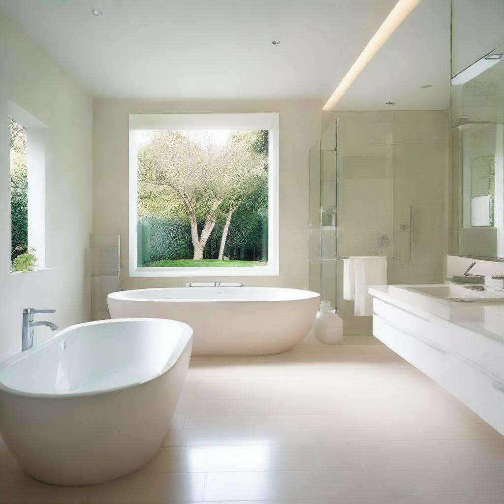 A spacious bathroom with glass elements and a creamy white color scheme