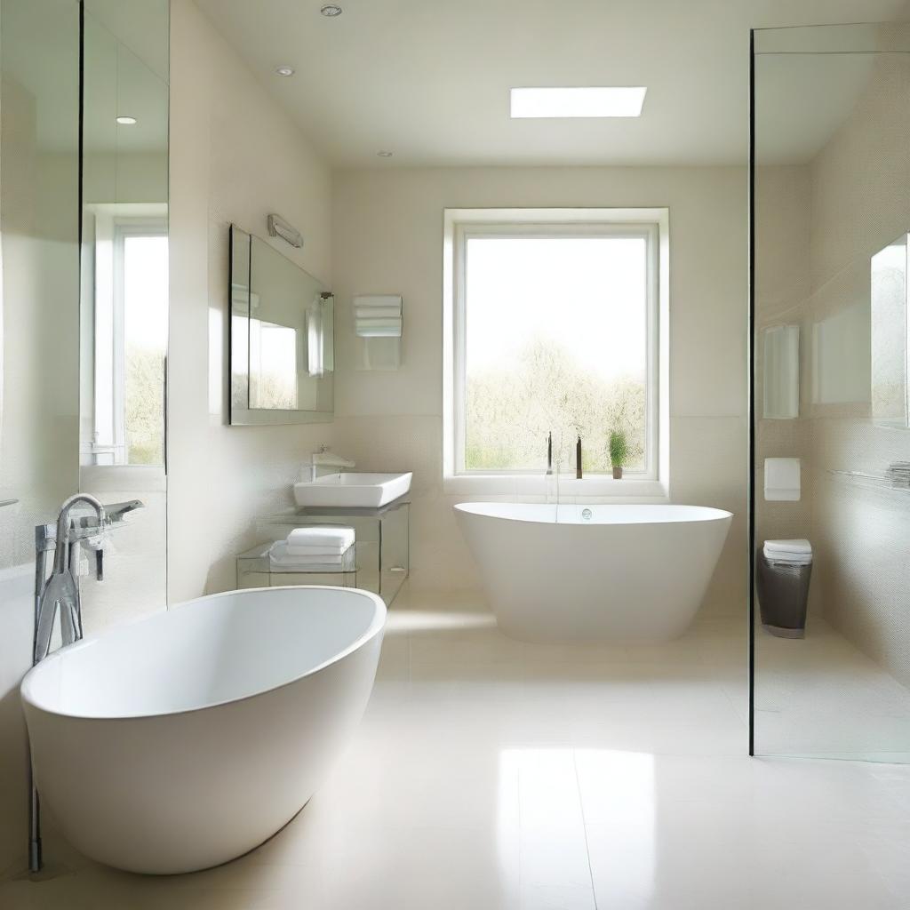 A spacious bathroom with glass elements and a creamy white color scheme