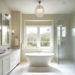 A spacious bathroom with glass elements and a creamy white color scheme