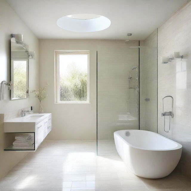 A spacious bathroom with glass elements and a creamy white color scheme, without a bathtub