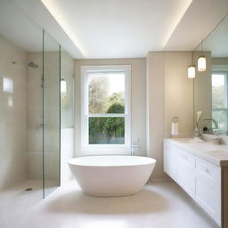 A spacious bathroom with glass elements and a creamy white color scheme, without a bathtub