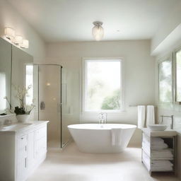 A spacious bathroom with glass elements and a creamy white color scheme, without a bathtub