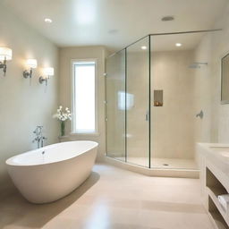 A spacious bathroom with glass elements and a creamy white color scheme, without a bathtub