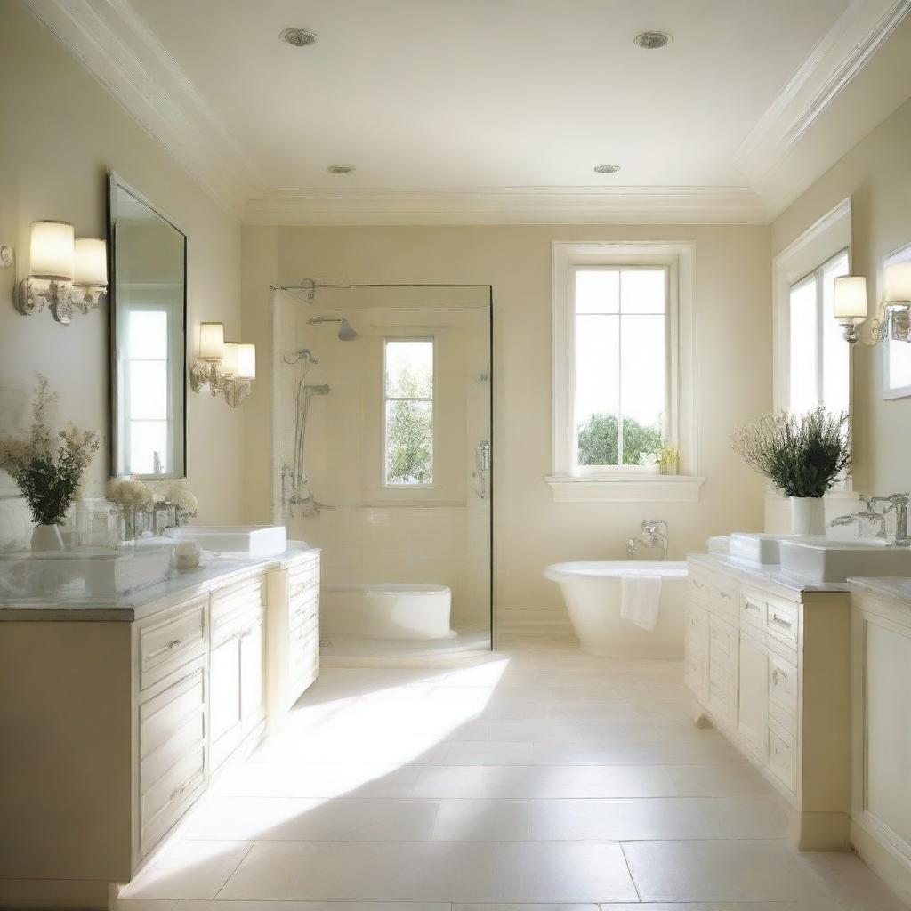 A spacious bathroom with glass elements and a cream-white color scheme, without a bathtub