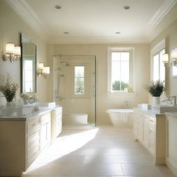 A spacious bathroom with glass elements and a cream-white color scheme, without a bathtub