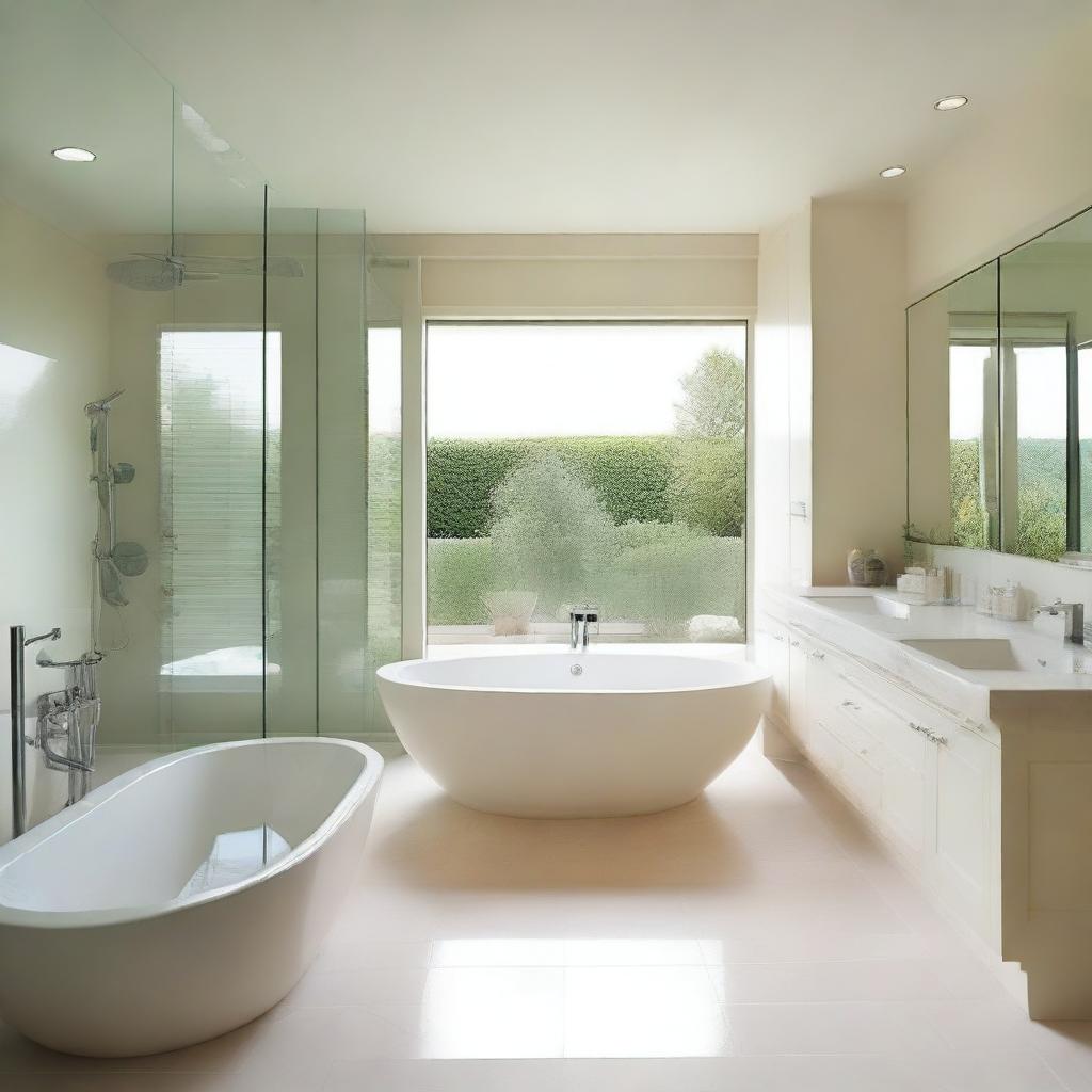 A spacious bathroom with glass elements and a cream-white color scheme, without a bathtub