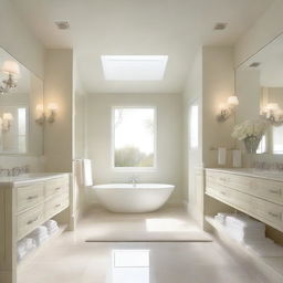 A spacious bathroom with glass elements and a cream-white color scheme, without a bathtub