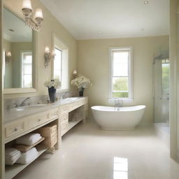 A spacious bathroom with glass elements and a cream-white color scheme, without a bathtub