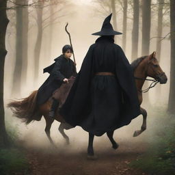 Anime style image showing the backs of a youthful king in a black robe sans crown and a witch in a brown robe holding a staff, each riding unique horses galloping through a forest.