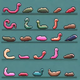 Generate an image of worm-like creatures in the style of pixel art similar to the game Terraria