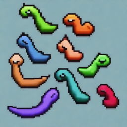 Generate an image of worm-like creatures in the style of pixel art similar to the game Terraria