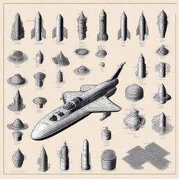 Generate an image depicting various spaceship components