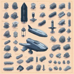 Generate an image depicting various spaceship components