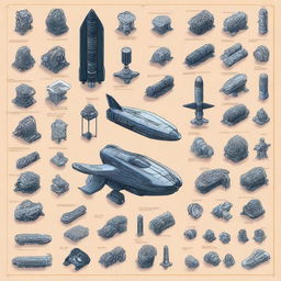 Generate an image depicting various spaceship components