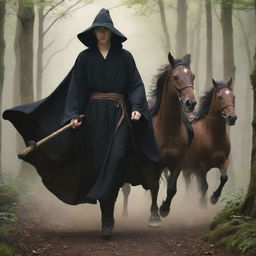 Anime style image showing the backs of a youthful king in a black robe sans crown and a witch in a brown robe holding a staff, each riding unique horses galloping through a forest.