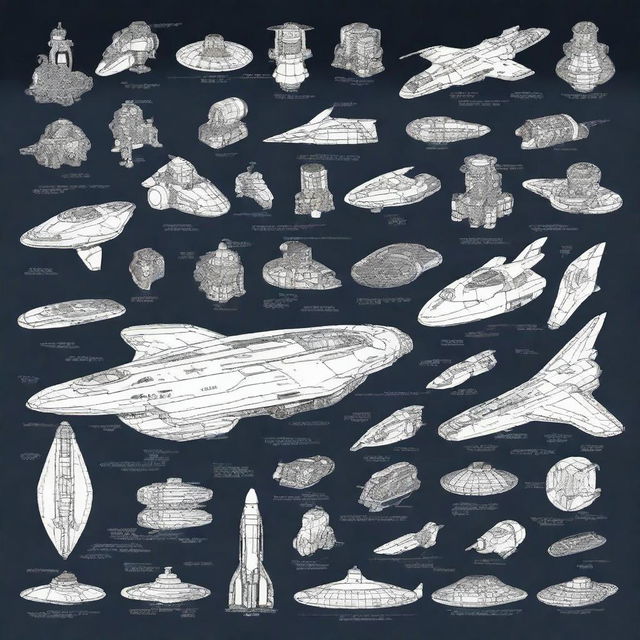 Generate an image depicting various spaceship components