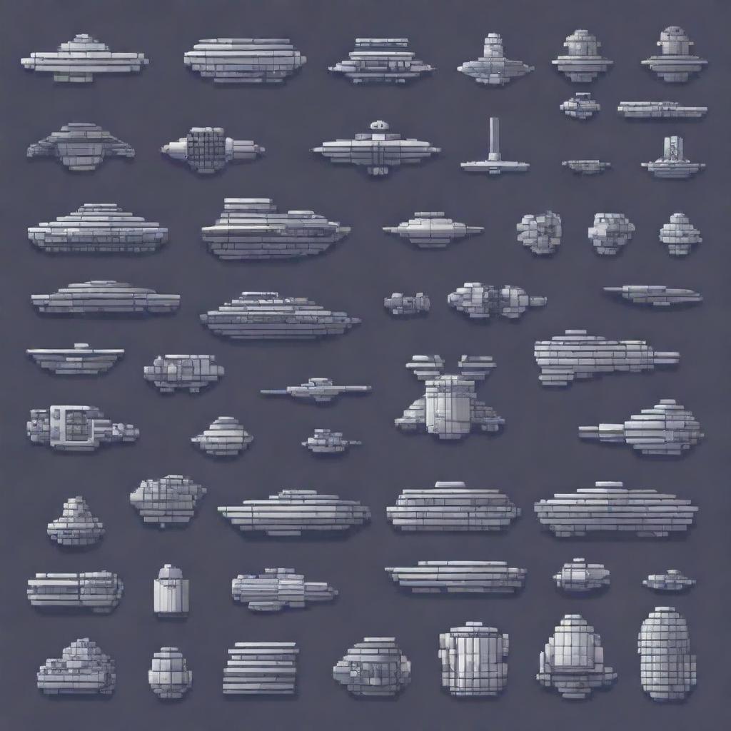 Generate a 2D pixel art image depicting various spaceship components