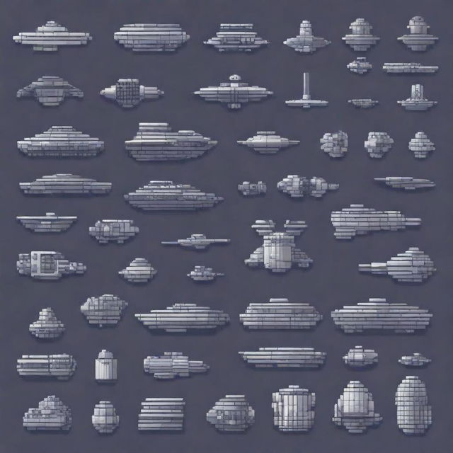 Generate a 2D pixel art image depicting various spaceship components