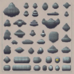 Generate a 2D pixel art image depicting various spaceship components