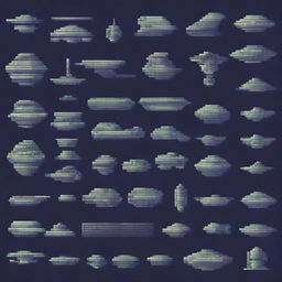 Generate a 2D pixel art image depicting various spaceship components