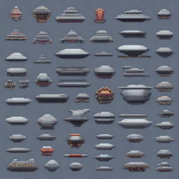 Generate a 2D pixel art image depicting various spaceship components