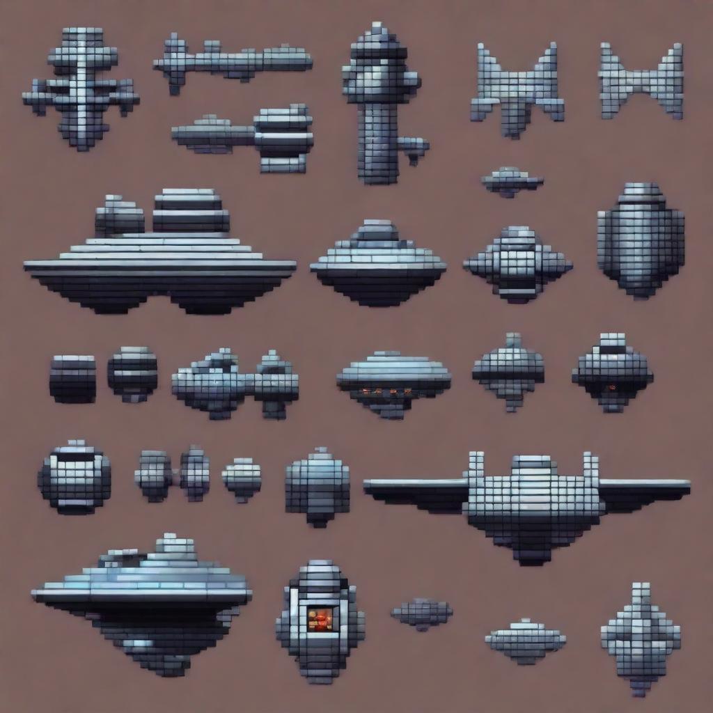 Generate a 2D pixel art image depicting various spaceship components in a grid layout