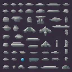 Generate a 2D pixel art image depicting various spaceship components in a grid layout