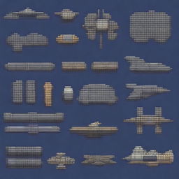 Generate a 2D pixel art image depicting various spaceship components in a grid layout