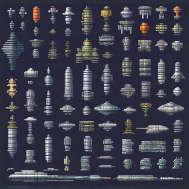 Generate a 2D pixel art image depicting various spaceship components in a grid layout