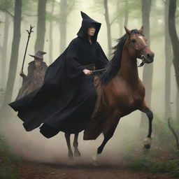 Anime style image showing the backs of a youthful king in a black robe sans crown and a witch in a brown robe holding a staff, each riding unique horses galloping through a forest.