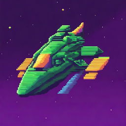 Generate a 2D pixel art image of a spaceship, with vivid colors and intricate details capturing the essence of vintage video games