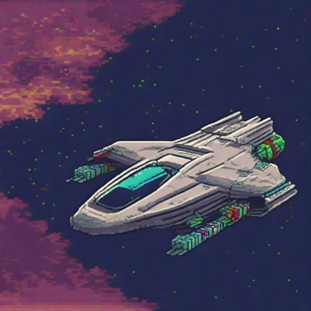 Generate a 2D pixel art image of a spaceship, with vivid colors and intricate details capturing the essence of vintage video games