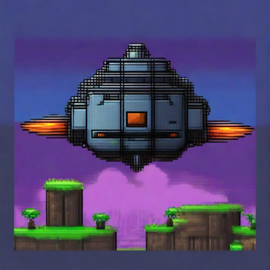 Generate a 2D pixel art image of a spaceship, in the style of the game Terraria, with vibrant colors and intricate details.