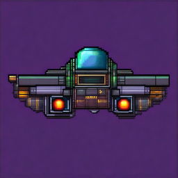 Generate a 2D pixel art image of a spaceship, in the style of the game Terraria, with vibrant colors and intricate details.