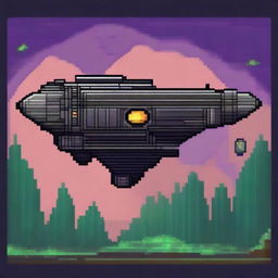 Generate a 2D pixel art image of a spaceship, in the style of the game Terraria, with vibrant colors and intricate details.