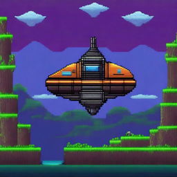 Generate a 2D pixel art image of a spaceship, in the style of the game Terraria, with vibrant colors and intricate details.