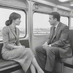 An intricately drawn scene of a woman engaging in conversation with a man while sitting on a modern train.