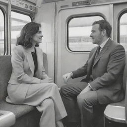 An intricately drawn scene of a woman engaging in conversation with a man while sitting on a modern train.