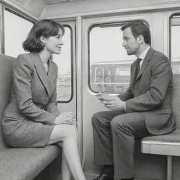 An intricately drawn scene of a woman engaging in conversation with a man while sitting on a modern train.