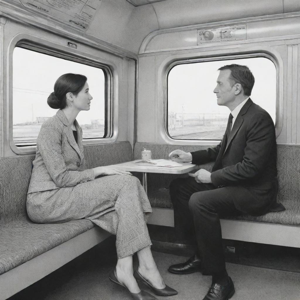 An intricately drawn scene of a woman engaging in conversation with a man while sitting on a modern train.