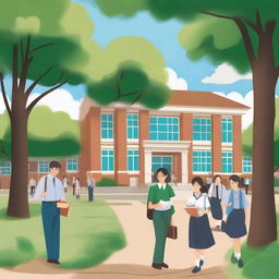 A bustling school scene with students carrying books and teachers instructing