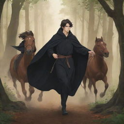 Anime style illustration featuring the backs of a young king in a black robe without a crown and a witch in a brown robe holding a staff, both astride different horses sprinting through a forest.